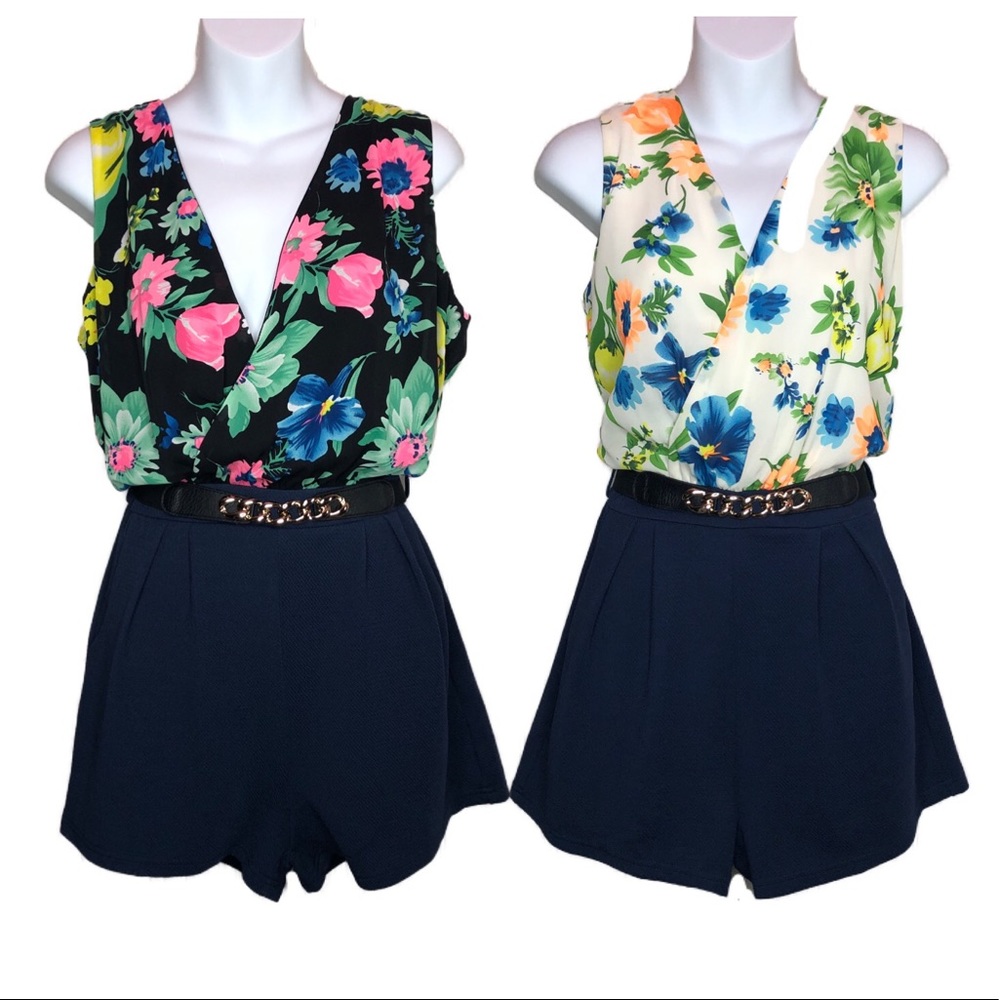 CALS Floral Navy Romper with belt and pockets